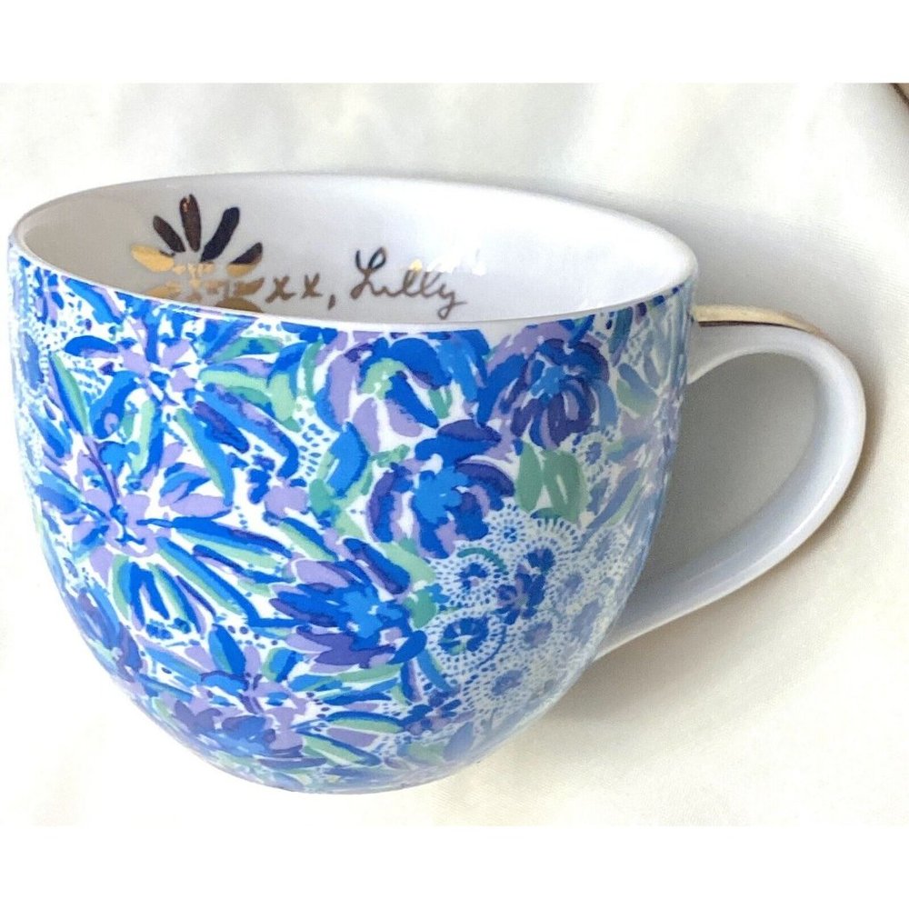Lilly Pulitzer Coffee Mug Lion Around‎ Blue Green Floral Gold Trim 12 oz Cup